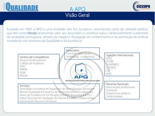 A APQ
Visão Geral
Fundada em 1969, a APQ é uma entidade sem fins lucrativos, reconhecida como de utilidade pública,
que tem como Missão acrescentar valor aos associados e contribuir para o desenvolvimento sustentado
da sociedade portuguesa, através da criação e divulgação do conhecimento e da promoção de práticas
inovadoras nos domínios da Qualidade e da Excelência
Associados:
Cerca de 1.400 sócios
(individuais + colectivos)
Ligações Internacionais:
EOQ
EFQM
FUNDIBEQ
EQUASS
GRI
ASQ
Parcerias Nacionais:
Associações profissionais
Empresas
Organismos públicos
Universidades
Serviços:
Actividades formativas  Organismo de Normalização Sectorial 
Revista Qualidade  Esquema de Reconhecimento Europeu dos
Níveis de Excelência  Certificação EQUASS Assurance  ECSI –
Índice Nacional de Satisfação do Cliente  ONRH – Observatório
Nacional de Recursos Humanos
Centros de Competência:
Grupos Dinamizadores
Colégio de Auditores
CRIS
IPBPM
GERE
RIQUA
 