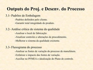 Outputs do Proj. e Desenv. do Processo
3.1- Padrões de Embalagem
       -Padrões definidos pelo cliente.
       -Garantir total integridade do produto.

3.2- Análise crítica do sistema da qualidade
       -Analisar o local de fabricação.
       -Atualizar controles e alterações de procedimento.
       -Melhorar o sistema da qualidade existente.

3.3- Fluxograma do processo
       -Analisar as fontes de variação do processo de manufatura.
       -Enfatizar o impacto das fontes de variação.
       -Auxiliar no PFMEA e idealização do Plano de controle.
 