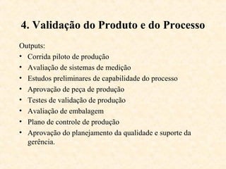 4. Validação do Produto e do Processo
Outputs:
• Corrida piloto de produção
• Avaliação de sistemas de medição
• Estudos preliminares de capabilidade do processo
• Aprovação de peça de produção
• Testes de validação de produção
• Avaliação de embalagem
• Plano de controle de produção
• Aprovação do planejamento da qualidade e suporte da
  gerência.
 