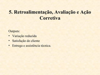 5. Retroalimentação, Avaliação e Ação
              Corretiva

Outputs:
• Variação reduzida
• Satisfação do cliente
• Entrega e assistência técnica.
 