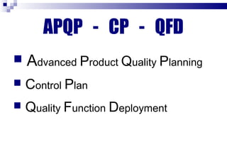 APQP - CP - QFD
 Advanced Product Quality Planning
 Control Plan
 Quality Function Deployment
 