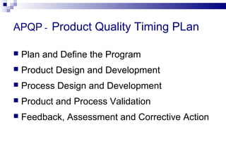 APQP - Product Quality Timing PLan
 Plan and Define the Program
 Product Design and Development
 Process Design and Development
 Product and Process Validation
 Feedback, Assessment and Corrective Action
 