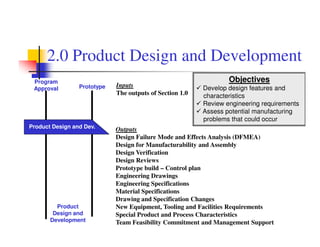 2.0 Product Design and Development
 Program                                                          Objectives
 Approval        Prototype   Inputs                       Develop design features and
                             The outputs of Section 1.0   characteristics
                                                          Review engineering requirements
                                                          Assess potential manufacturing
                                                          problems that could occur
Product Design and Dev.      Outputs
                             Design Failure Mode and Effects Analysis (DFMEA)
                             Design for Manufacturability and Assembly
                             Design Verification
                             Design Reviews
                             Prototype build – Control plan
                             Engineering Drawings
                             Engineering Specifications
                             Material Specifications
                             Drawing and Specification Changes
         Product             New Equipment, Tooling and Facilities Requirements
        Design and           Special Product and Process Characteristics
       Development           Team Feasibility Commitment and Management Support
 