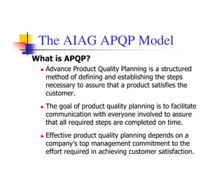 The AIAG APQP Model
What is APQP?
   Advance Product Quality Planning is a structured
   method of defining and establishing the steps
   necessary to assure that a product satisfies the
   customer.
   The goal of product quality planning is to facilitate
   communication with everyone involved to assure
   that all required steps are completed on time.
   Effective product quality planning depends on a
   company’s top management commitment to the
   effort required in achieving customer satisfaction.
 
