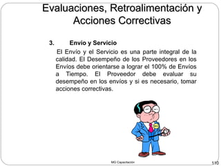 MG Capacitación 110
3. Envío y Servicio
El Envío y el Servicio es una parte integral de la
calidad. El Desempeño de los Proveedores en los
Envíos debe orientarse a lograr el 100% de Envíos
a Tiempo. El Proveedor debe evaluar su
desempeño en los envíos y si es necesario, tomar
acciones correctivas.
Evaluaciones, Retroalimentación yEvaluaciones, Retroalimentación y
Acciones CorrectivasAcciones Correctivas
 