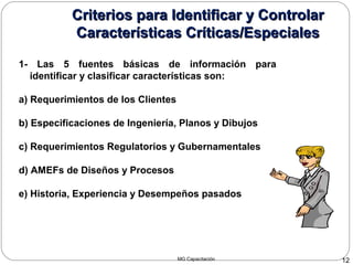 MG Capacitación 12
Criterios para Identificar y ControlarCriterios para Identificar y Controlar
Características Críticas/EspecialesCaracterísticas Críticas/Especiales
1- Las 5 fuentes básicas de información para
identificar y clasificar características son:
a) Requerimientos de los Clientes
b) Especificaciones de Ingeniería, Planos y Dibujos
c) Requerimientos Regulatorios y Gubernamentales
d) AMEFs de Diseños y Procesos
e) Historia, Experiencia y Desempeños pasados
 