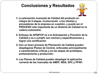 MG Capacitación 125
Conclusiones y ResultadosConclusiones y Resultados
4- Los Planes de Calidad pueden desplegar la aplicación
correcta de los manuales de AMEF, MSA, SPC y PPAP.
1- La planeación avanzada de Calidad del producto se
integra de 5 etapas, involucrando a los clientes y
proveedores de la empresa en cuestión, y puede ser el
PROCESO más importante de un Sistema de Calidad en la
cadena automotriz.
3- Con un buen proceso de Planeación de Calidad pueden
desplegarse Planes de Control, enfocados principalmente
a características críticas y en las etapas de prototipos,
prelanzamiento y producción.
2- Enfoque de APQP/CP es a la Anticipación y Previsión de la
Calidad y no a cumplir con normas y especificaciones y
lograr una certificación
 