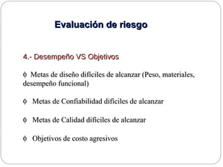 Evaluación de riesgoEvaluación de riesgo
4.- Desempeño VS Objetivos4.- Desempeño VS Objetivos
φ Metas de diseño difíciles de alcanzar (Peso, materiales,Metas de diseño difíciles de alcanzar (Peso, materiales,
desempeño funcional)desempeño funcional)
φ Metas de Confiabilidad difíciles de alcanzarMetas de Confiabilidad difíciles de alcanzar
φ Metas de Calidad difíciles de alcanzarMetas de Calidad difíciles de alcanzar
φ Objetivos de costo agresivosObjetivos de costo agresivos
 