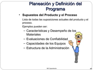 MG Capacitación 44
Planeación y Definición delPlaneación y Definición del
ProgramaPrograma
• Supuestos del Producto y el Proceso
Lista de todas las suposiciones actuales del producto y el
proceso.
Ejemplos pueden ser:
– Características y Desempeño de los
Materiales
– Evaluaciones de Confiabilidad
– Capacidades de los Equipos
– Estructura de la Administración
 