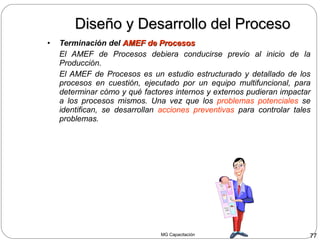 MG Capacitación 77
Diseño y Desarrollo del ProcesoDiseño y Desarrollo del Proceso
• Terminación del AMEF de ProcesosAMEF de Procesos
El AMEF de Procesos debiera conducirse previo al inicio de la
Producción.
El AMEF de Procesos es un estudio estructurado y detallado de los
procesos en cuestión, ejecutado por un equipo multifuncional, para
determinar cómo y qué factores internos y externos pudieran impactar
a los procesos mismos. Una vez que los problemas potenciales se
identifican, se desarrollan acciones preventivas para controlar tales
problemas.
 