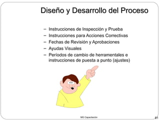 MG Capacitación 81
Diseño y Desarrollo del ProcesoDiseño y Desarrollo del Proceso
– Instrucciones de Inspección y Prueba
– Instrucciones para Acciones Correctivas
– Fechas de Revisión y Aprobaciones
– Ayudas Visuales
– Períodos de cambio de herramentales e
instrucciones de puesta a punto (ajustes)
 