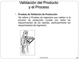 MG Capacitación 93
Validación del ProductoValidación del Producto
y el Procesoy el Proceso
• Pruebas de Validación de Producción
Se refiere a Pruebas de Ingenieria que validan si el
proceso de producción cumple con todos los
requerimientos de los clientes, particularmente los
requerimientos de Ingenieria.
 
