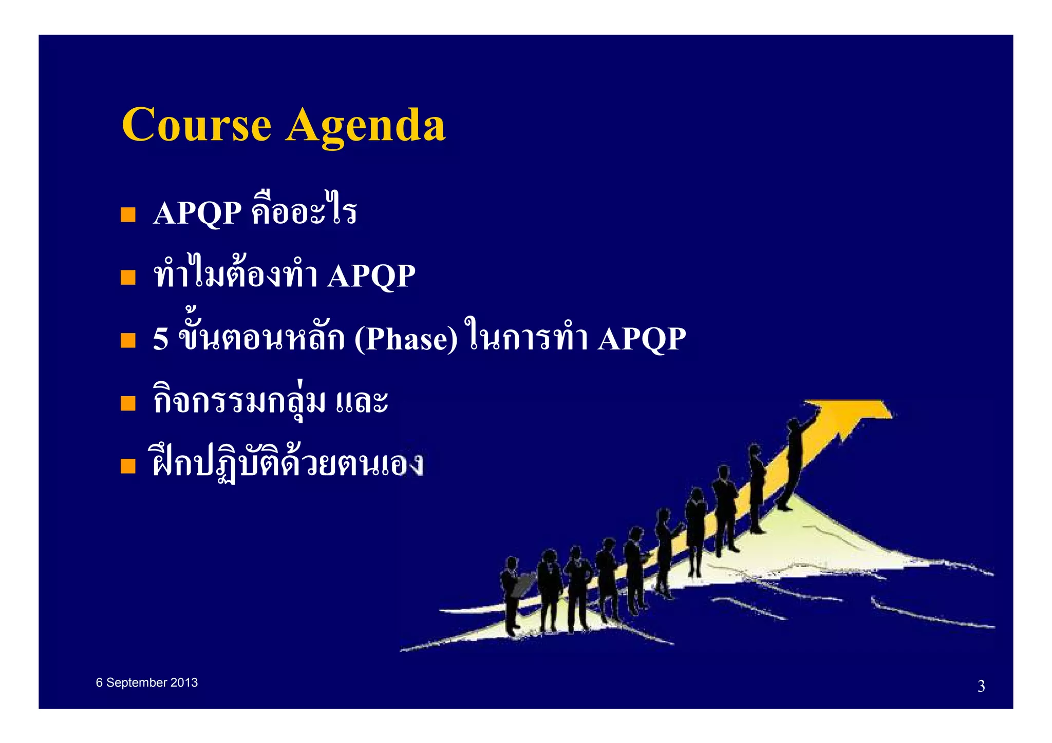 6 September 2013 3
Course Agenda
APQP คืออะไร
ทําไมต้องทํา APQP
5 ขันตอนหลัก (Phase) ในการทํา APQP
กิจกรรมกลุ่ม และ
ฝึกปฏิบัติด้วยตนเอง
 