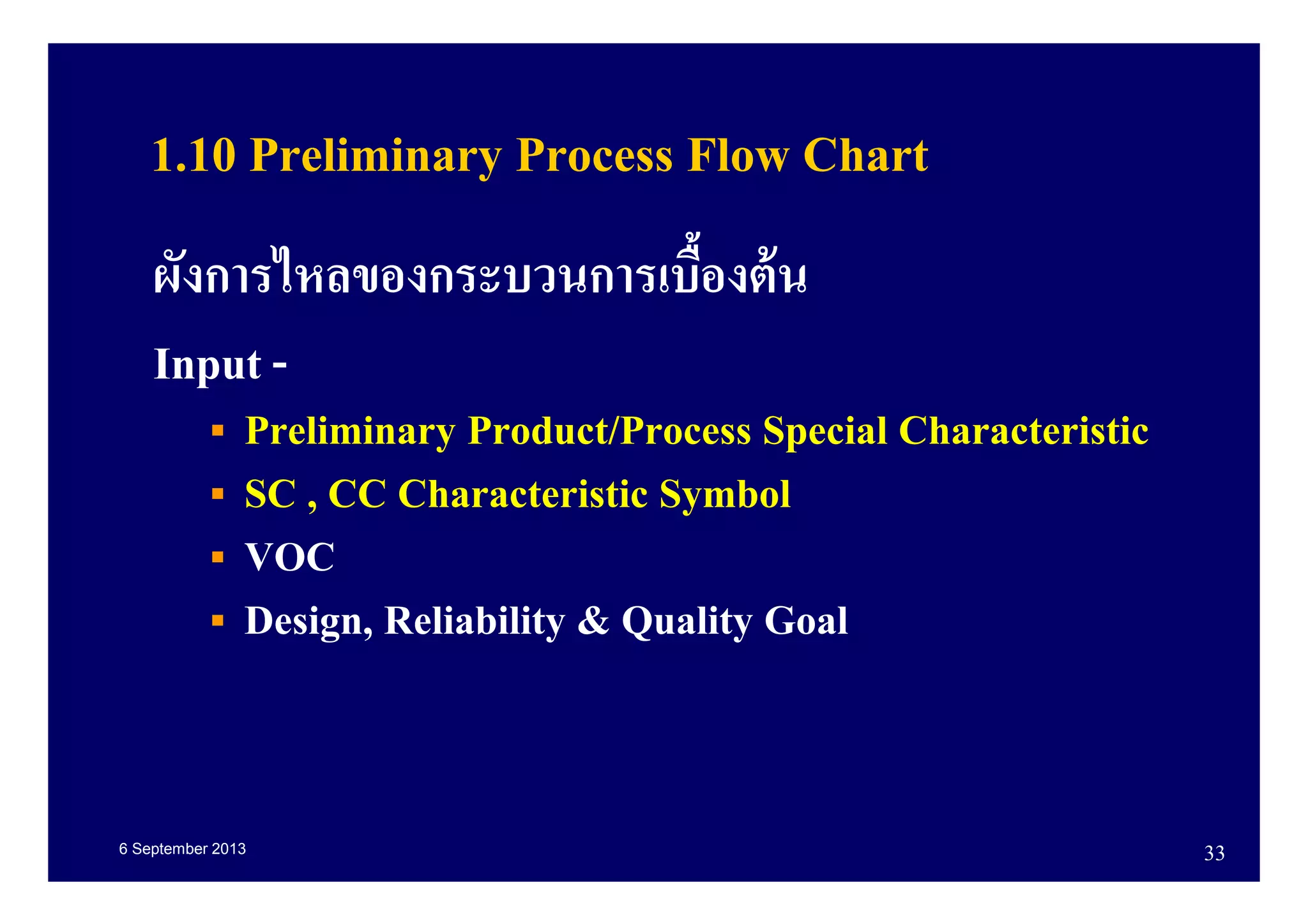 6 September 2013 33
1.10 Preliminary Process Flow Chart
ผังการไหลของกระบวนการเบืองต้น
Input -
Preliminary Product/Process Special Characteristic
SC , CC Characteristic Symbol
VOC
Design, Reliability & Quality Goal
 
