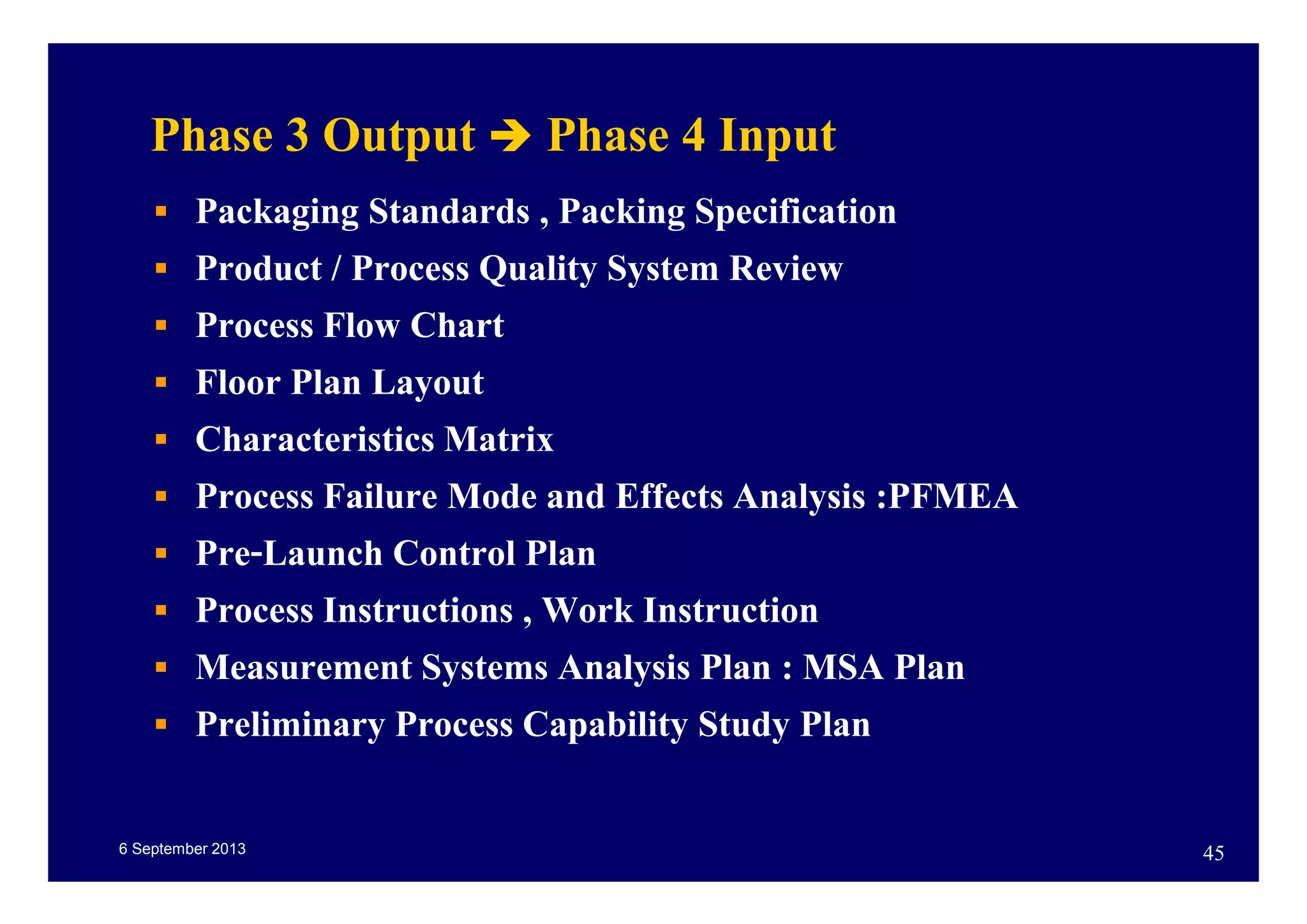 6 September 2013 45
Phase 3 Output Phase 4 Input
Packaging Standards , Packing Specification
Product / Process Quality System Review
Process Flow Chart
Floor Plan Layout
Characteristics Matrix
Process Failure Mode and Effects Analysis :PFMEA
Pre-Launch Control Plan
Process Instructions , Work Instruction
Measurement Systems Analysis Plan : MSA Plan
Preliminary Process Capability Study Plan
 