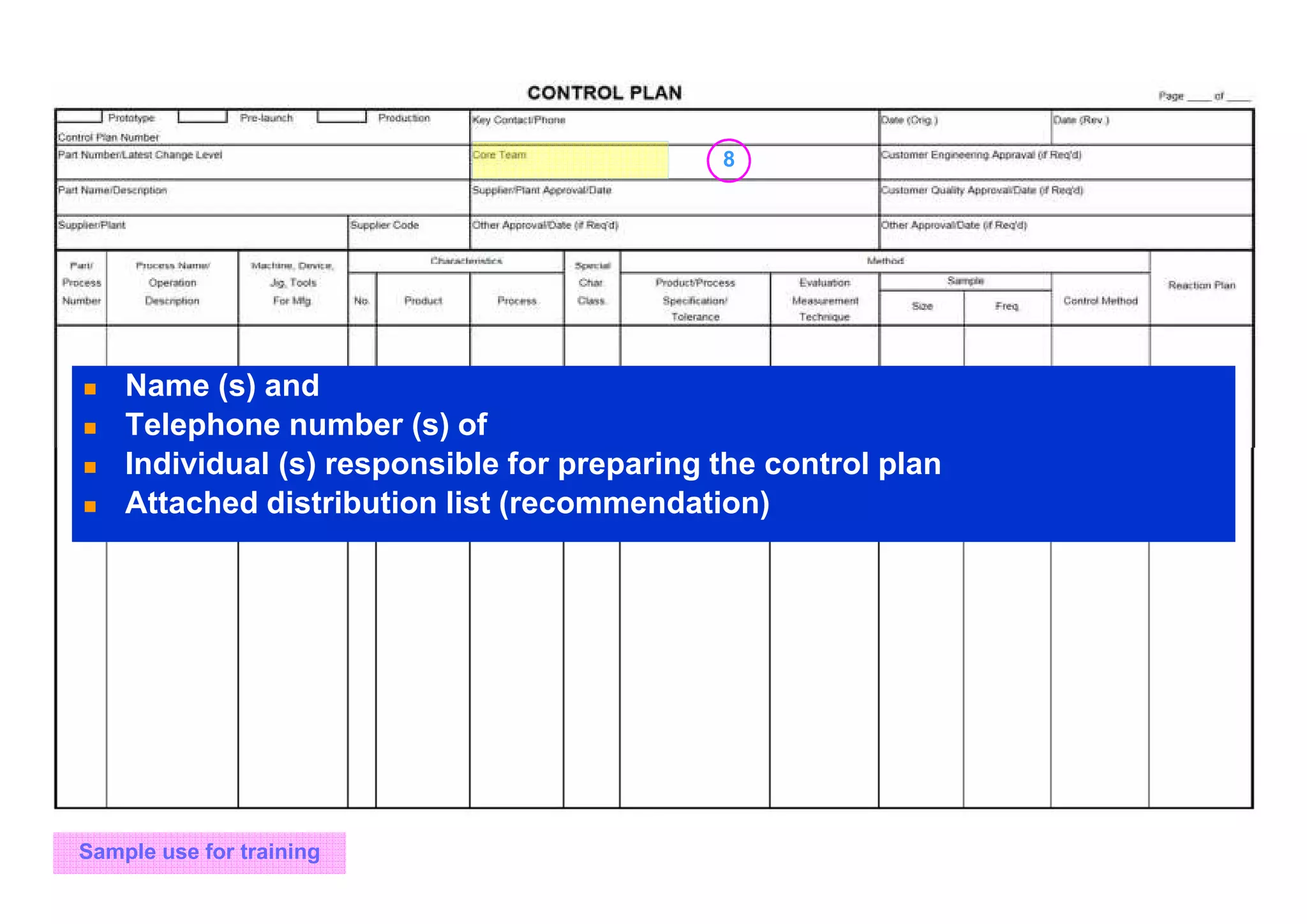 8
Sample use for training
Name (s) and
Telephone number (s) of
Individual (s) responsible for preparing the control plan
Attached distribution list (recommendation)
 