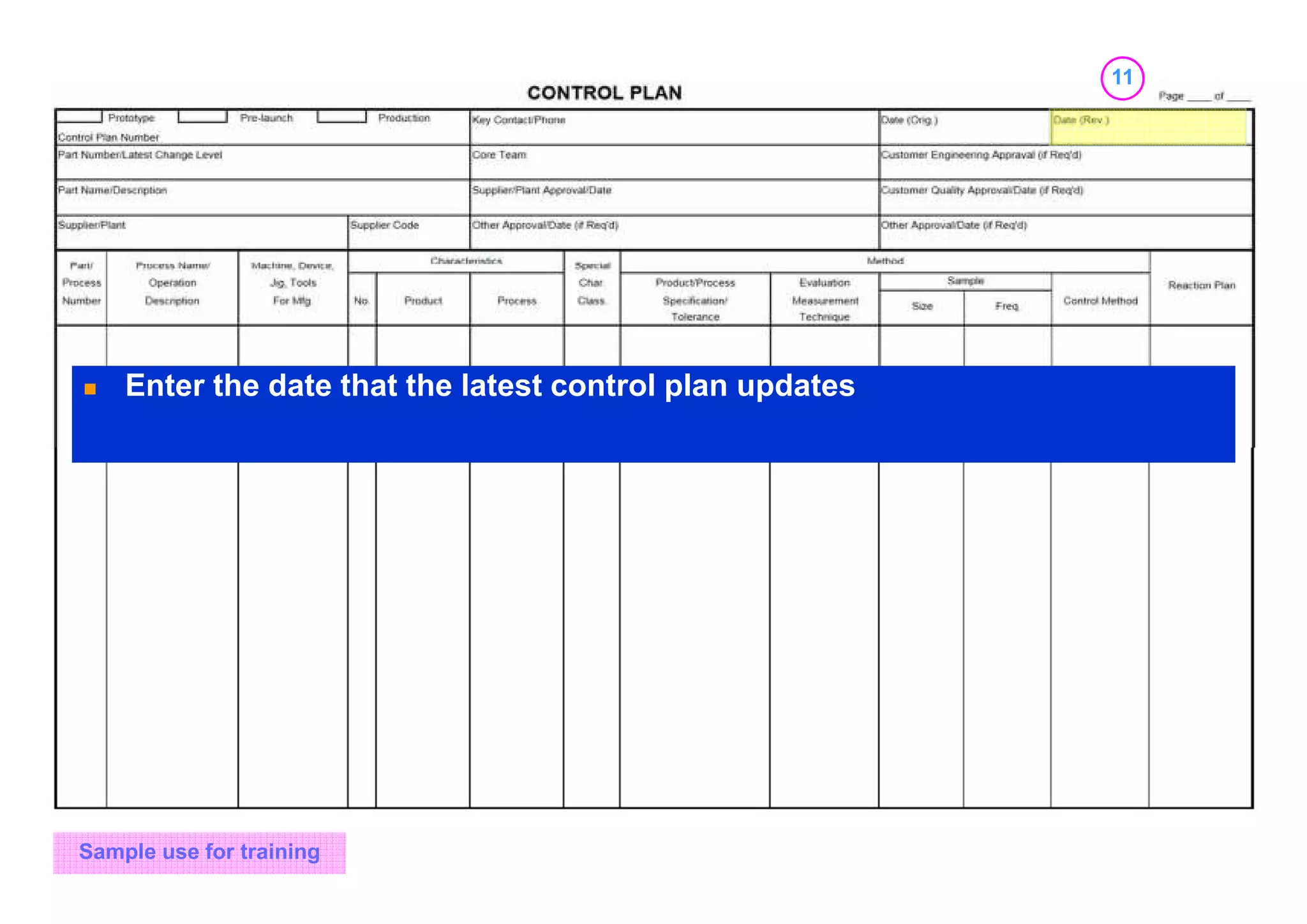 11
Sample use for training
Enter the date that the latest control plan updates
 