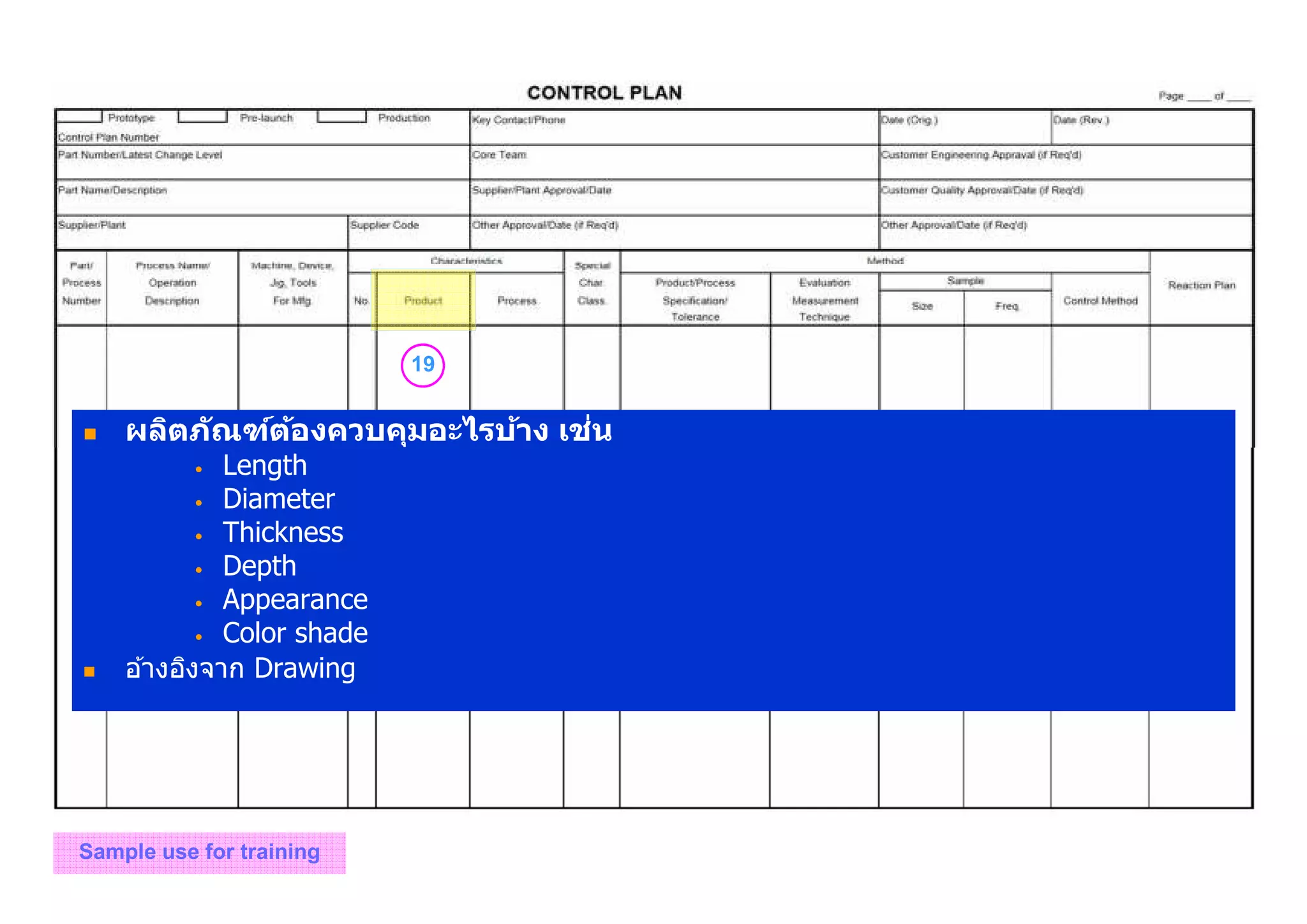 19
Sample use for training
ผลิตภัณฑ์ต้องควบคุมอะไรบ้าง เช่น
• Length
• Diameter
• Thickness
• Depth
• Appearance
• Color shade
อ ้างอิงจาก Drawing
 