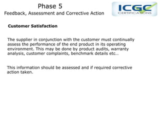 Phase 5
Feedback, Assessment and Corrective Action
Customer Satisfaction
The supplier in conjunction with the customer must continually
assess the performance of the end product in its operating
environment. This may be done by product audits, warranty
analysis, customer complaints, benchmark details etc…
This information should be assessed and if required corrective
action taken.
 