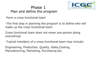 PPhase 1
Phase 1
Plan and define the program
Form a cross functional team
-The first step in planning the program is to define who will
make up the cross functional team.
Cross functional team does not mean one person doing
everything!
-Typical members of a cross functional team may include:
Engineering, Production, Quality, Sales,Costing,
Manufacturing, Marketing, Purchasing etc.
 