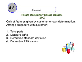 4.8.              Phase 4

             Results of preliminary process capability
                               (SPC)
Only at features given by customer or own determination.
Arrange procedure with customer:

1.   Take parts
2.   Measure parts
3.   Determine standard deviation
4.   Determine PPK values
 