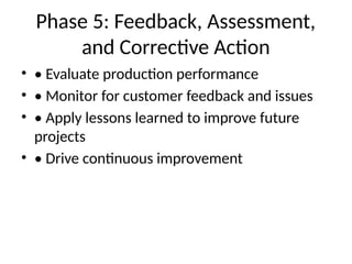Phase 5: Feedback, Assessment,
and Corrective Action
• • Evaluate production performance
• • Monitor for customer feedback and issues
• • Apply lessons learned to improve future
projects
• • Drive continuous improvement
 