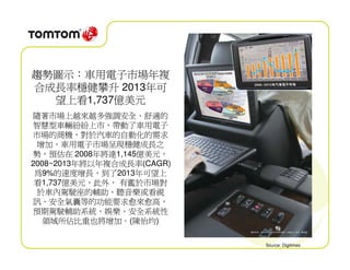 趨勢圖示：車用電子市場年複
合成長率穩健攀升 2013年可
  望上看1,737億美元
隨著市場上越來越多強調安全、舒適的
智慧型車輛紛紛上市，帶動了車用電子
市場的商機，對於汽車的自動化的需求
 增加，車用電子市場呈現穩健成長之
勢，預估在 2008年將達1,145億美元，
2008~2013年將以年複合成長率(CAGR)
 為9%的速度增長，到了2013年可望上
 看1,737億美元，此外， 有鑑於市場對
 於車內駕駛座的輔助、聽音樂或看視
訊、安全氣囊等的功能要求愈來愈高，
預期駕駛輔助系統、娛樂、安全系統性
   領域所佔比重也將增加。(陳怡均)

                           Source: Digitimes
 