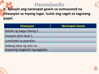 II. Tukuyin ang nararapat gawin sa sumusunod na
sitwasyon sa inyong lugar. Isulat ang sagot sa sagutang
papel.
Sitwasyon Nararapat Gawin
Babala ng bagyo bilang 3
Tsunami alert level 1
Lumilindol sa paaralan
Sobang lakas ng ulan na
maaaring magdulot ng pagbaha
 