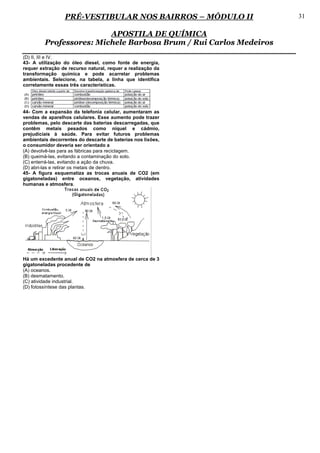 PRÉ-VESTIBULAR NOS BAIRROS – MÓDULO II            31

                         APOSTILA DE QUÍMICA
         Professores: Michele Barbosa Brum / Rui Carlos Medeiros
(D) II, III e IV.
43- A utilização do óleo diesel, como fonte de energia,
requer extração de recurso natural, requer a realização da
transformação química e pode acarretar problemas
ambientais. Selecione, na tabela, a linha que identifica
corretamente essas três características.




44- Com a expansão da telefonia celular, aumentaram as
vendas de aparelhos celulares. Esse aumento pode trazer
problemas, pelo descarte das baterias descarregadas, que
contêm metais pesados como níquel e cádmio,
prejudiciais à saúde. Para evitar futuros problemas
ambientais decorrentes do descarte de baterias nos lixões,
o consumidor deveria ser orientado a
(A) devolvê-las para as fábricas para reciclagem.
(B) queimá-las, evitando a contaminação do solo.
(C) enterrá-las, evitando a ação da chuva.
(D) abri-las e retirar os metais de dentro.
45- A figura esquematiza as trocas anuais de CO2 (em
gigatoneladas) entre oceanos, vegetação, atividades
humanas e atmosfera.




Há um excedente anual de CO2 na atmosfera de cerca de 3
gigatoneladas procedente de
(A) oceanos.
(B) desmatamento.
(C) atividade industrial.
(D) fotossíntese das plantas.
 