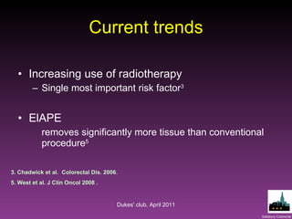 Current trends Increasing use of radiotherapy Single most important risk factor 3 ElAPE removes significantly more tissue than conventional procedure 5 3. Chadwick et al.  Colorectal Dis. 2006.   5. West et al. J Clin Oncol 2008 .   Dukes' club, April 2011 