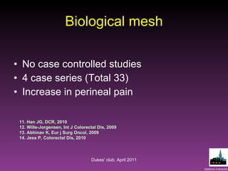 Biological mesh No case controlled studies 4 case series (Total 33) Increase in perineal pain 11. Han JG, DCR, 2010 12. Wille-Jorgensen, Int J Colorectal Dis, 2009 13. Abhinav K, Eur j Surg Oncol, 2009 14. Jess P, Colorectal Dis, 2010 Dukes' club, April 2011 