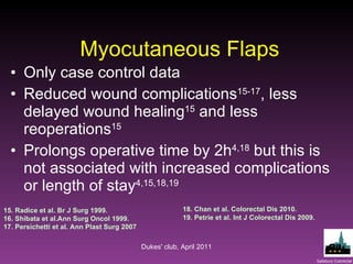 Myocutaneous Flaps Only case control data Reduced wound complications 15-17 , less delayed wound healing 15  and less reoperations 15 Prolongs operative time by 2h 4,18  but this is not associated with increased complications or length of stay 4,15,18,19 15. Radice et al. Br J Surg 1999. 16. Shibata et al.Ann Surg Oncol 1999. 17. Persichetti et al. Ann Plast Surg 2007 18. Chan et al. Colorectal Dis 2010. 19. Petrie et al. Int J Colorectal Dis 2009.   Dukes' club, April 2011 