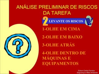 ANÁLISE PRELIMINAR DE RISCOS
DA TAREFA
Edison Carlos FerreiraEdison Carlos Ferreira
Segurança e Meio AmbienteSegurança e Meio Ambiente
LEVANTE OS RISCOS
1-OLHE EM CIMA
2-OLHE EM BAIXO
3-OLHE ATRÁS
4-OLHE DENTRO DE
MÁQUINAS E
EQUIPAMENTOS
 
