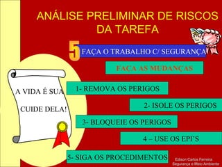 ANÁLISE PRELIMINAR DE RISCOS
DA TAREFA
Edison Carlos FerreiraEdison Carlos Ferreira
Segurança e Meio AmbienteSegurança e Meio Ambiente
FAÇA O TRABALHO C/ SEGURANÇA
A VIDA É SUA
CUIDE DELA!
FAÇA AS MUDANÇAS
1- REMOVA OS PERIGOS
2- ISOLE OS PERIGOS
3- BLOQUEIE OS PERIGOS
4 – USE OS EPI’S
5- SIGA OS PROCEDIMENTOS
 