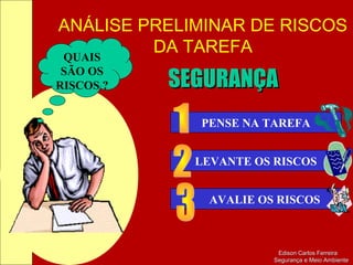 ANÁLISE PRELIMINAR DE RISCOS
DA TAREFA
Edison Carlos FerreiraEdison Carlos Ferreira
Segurança e Meio AmbienteSegurança e Meio Ambiente
SEGURANÇASEGURANÇA
PENSE NA TAREFA
LEVANTE OS RISCOS
AVALIE OS RISCOS
QUAIS
SÃO OS
RISCOS ?
 