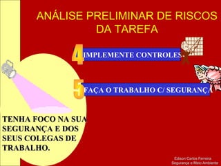 ANÁLISE PRELIMINAR DE RISCOS
DA TAREFA
Edison Carlos FerreiraEdison Carlos Ferreira
Segurança e Meio AmbienteSegurança e Meio Ambiente
IMPLEMENTE CONTROLES
FAÇA O TRABALHO C/ SEGURANÇA
TENHA FOCO NA SUATENHA FOCO NA SUA
SEGURANÇA E DOSSEGURANÇA E DOS
SEUS COLEGAS DESEUS COLEGAS DE
TRABALHO.TRABALHO.
 