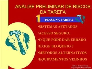 ANÁLISE PRELIMINAR DE RISCOS
DA TAREFA
Edison Carlos FerreiraEdison Carlos Ferreira
Segurança e Meio AmbienteSegurança e Meio Ambiente
•SISTEMAS AFETADOS
•ACESSO SEGURO.
•O QUE PODE DAR ERRADO
•EXIGE BLOQUEIO ?
•MÉTODOS ALTERNATIVOS
•EQUIPAMENTOS VIZINHOS
PENSE NA TAREFA
 