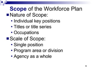Scope   of the Workforce Plan <ul><li>Nature of Scope: </li></ul><ul><ul><li>Individual key positions </li></ul></ul><ul><...