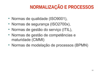 13
NORMALIZAÇÃO E PROCESSOS
• Normas de qualidade (ISO9001),
• Normas de segurança (ISO2700x),
• Normas de gestão do serviço (ITIL),
• Normas de gestão de competências e
maturidade (CMMI)
• Normas de modelação de processos (BPMN)
 