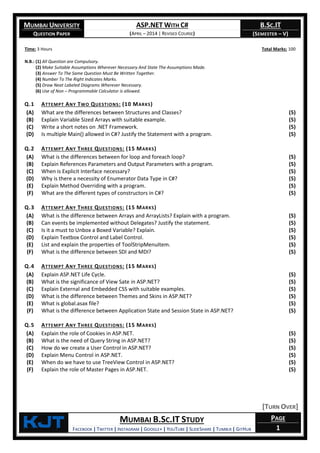 MUMBAI UNIVERSITY
QUESTION PAPER
ASP.NET WITH C#
(APRIL – 2014 | REVISED COURSE)
B.SC.IT
(SEMESTER – V)
KjT MUMBAI B.SC.IT STUDY
FACEBOOK | TWITTER | INSTAGRAM | GOOGLE+ | YOUTUBE | SLIDESHARE | TUMBLR | GITHUB
PAGE
1
Time: 3 Hours Total Marks: 100
N.B.: (1) All Question are Compulsory.
(2) Make Suitable Assumptions Wherever Necessary And State The Assumptions Made.
(3) Answer To The Same Question Must Be Written Together.
(4) Number To The Right Indicates Marks.
(5) Draw Neat Labeled Diagrams Wherever Necessary.
(6) Use of Non – Programmable Calculator is allowed.
Q.1 ATTEMPT ANY TWO QUESTIONS: (10 MARKS)
(A) What are the differences between Structures and Classes? (5)
(B) Explain Variable Sized Arrays with suitable example. (5)
(C) Write a short notes on .NET Framework. (5)
(D) Is multiple Main() allowed in C#? Justify the Statement with a program. (5)
Q.2 ATTEMPT ANY THREE QUESTIONS: (15 MARKS)
(A) What is the differences between for loop and foreach loop? (5)
(B) Explain References Parameters and Output Parameters with a program. (5)
(C) When is Explicit Interface necessary? (5)
(D) Why is there a necessity of Enumerator Data Type in C#? (5)
(E) Explain Method Overriding with a program. (5)
(F) What are the different types of constructors in C#? (5)
Q.3 ATTEMPT ANY THREE QUESTIONS: (15 MARKS)
(A) What is the difference between Arrays and ArrayLists? Explain with a program. (5)
(B) Can events be implemented without Delegates? Justify the statement. (5)
(C) Is it a must to Unbox a Boxed Variable? Explain. (5)
(D) Explain Textbox Control and Label Control. (5)
(E) List and explain the properties of ToolStripMenuItem. (5)
(F) What is the difference between SDI and MDI? (5)
Q.4 ATTEMPT ANY THREE QUESTIONS: (15 MARKS)
(A) Explain ASP.NET Life Cycle. (5)
(B) What is the significance of View Sate in ASP.NET? (5)
(C) Explain External and Embedded CSS with suitable examples. (5)
(D) What is the difference between Themes and Skins in ASP.NET? (5)
(E) What is global.asax file? (5)
(F) What is the difference between Application State and Session State in ASP.NET? (5)
Q.5 ATTEMPT ANY THREE QUESTIONS: (15 MARKS)
(A) Explain the role of Cookies in ASP.NET. (5)
(B) What is the need of Query String in ASP.NET? (5)
(C) How do we create a User Control in ASP.NET? (5)
(D) Explain Menu Control in ASP.NET. (5)
(E) When do we have to use TreeView Control in ASP.NET? (5)
(F) Explain the role of Master Pages in ASP.NET. (5)
[TURN OVER]
 