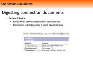 Digesting connection documents
 Repeat interval
 Starts when previous replication session ends
 Tip: Easier to troubleshoot if using specific times
Connection Documents
 