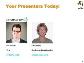 Your Presenters Today:
6
Ben Menesi
Ytria
Kim Greene
Kim Greene Consulting, Inc.
@iSeriesDomino@BenMenesi
 