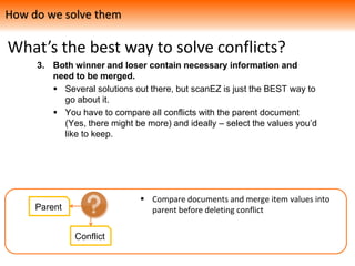 What’s the best way to solve conflicts?
3. Both winner and loser contain necessary information and
need to be merged.
 Several solutions out there, but scanEZ is just the BEST way to
go about it.
 You have to compare all conflicts with the parent document
(Yes, there might be more) and ideally – select the values you’d
like to keep.
How do we solve them
Parent
Conflict
 Compare documents and merge item values into
parent before deleting conflict
 