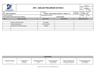 lOMoAR cPSD|15912889
Baixado por Alex Marcolino (due-anjo@hotmail.com)
APR – ANÁLISE PRELIMINAR DE RISCO
FO-ST-10
Anexo:
PC-ST-01
Rev.:
2
Folha:
8/6
Obra:
533 – TEMPLO DE BRASÍLIA
Localização
L2 NORTE - SGAN QUADRA 612 MODULO C – BRASÍLIA - DF
Data Início:
01/07/2021
Data Term.:
01/10/2021
APR n°:
66
Descrição da Atividade:
INSTALAÇÕES HIDRÁULICAS DE ÁGUA (TEMPLO)
Subcontratadas envolvidas:
FS INSTALAÇÕES
Revisão
0
Folha:
Item Etapas da Atividade Perigo / Risco Consequências Medidas Preventivas
Moacyr Guedes Pereira Encanador
Ilcilei Ferreira Alves Enc Ind nível 2
Ramilson Vila Nova de Araujo Isolador
APROVAÇÕES
Gerente de Contrato
/ /
Engenheiro de
Produção
/ /
Mestre/Encarregado/
Resp.
/ /
Técnico/ Engenheiro
de Segurança
/ /
Técnico/ Engenheiro de
Segurança da Contratada
/ /
Sup./Encarregado/ Resp.
dá Contratada
/ /
 