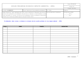 ANÁLISE PRELIMINAR DE RISCOS E IMPACTO AMBIENTAL – APRIA 
Anexo: PR-SEG-06 
Vers ão: 01 
Criação: Jun/2014 
At ividade: ACABMENTO Local: Onde houver neces sidade de acabamento UN / Obra: Empres a: 
Etapas Execut ivas : Após montagem das peças ocorre conferencia e liberações para iniciar o 
proces s o de acabamento nes te momento s ão previs tos os materias a s erem ut ilizados e como 
s erão executados os s erviços . No proces s o de acabamento ut iliza -s e andaime ou plataforma, 
ficando es s e a critério da unidade negocio e do que for mais viável. 
Tipo de Expos ição : Permanente Período da at ividade 
____/____2014 a 
____/____2015. 
APRIA - Acabamento 
3 
Os colaboradores abaixo atestam o recebimento da orientação descrita na análise preliminar de risco e impacto ambiental – APRIA 
Chapa NOME FUNÇÃO ASSINATURA 
 