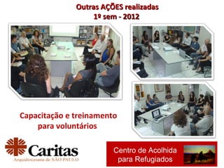 Outras AÇÕES realizadas
                  1º sem - 2012




Capacitação e treinamento
    para voluntários

                        Centro de Acolhida
                         para Refugiados
 