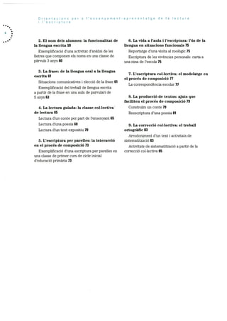 Orientacions per a l’ensenyament-aprenentatge de Ia lectura
I’escriptura
2. El norn dels alumnes: la funcionalitat de 6. La vida a l’aula I l’escriptura: l’üs de la
la llengua escrita 59 llengua en situacions funcionals 75
Exemplificació d’una activitat d’anàlisi de les Reportatge d’una visita al zoolOgic 75
iletres que componen els noms en una classe de Escriptura de les vivències personals: carta a
pàrvuls 3 anys 60 una nina de l’escola 75
3. La frase: de la llengua oral a la llengua
7. L’escriptura col•lectiva: el modelatge en
escrita 61 -
el proces de composicio 77
Situacions comunicatives i elecció de la frase 61
La correspondencia escolar 77
Exemplificació del treball de llengua escrita
a partir de la frase en una aula de parvulari de
5 anys 63 8. La producció de textos: ajuts que
faciliten el procés de composició 79
4. La lectura guiada: la classe col.lectiva ConstruIm un conte 79
de lectura 65 Reescriptura d’una poesia 81
Lectura d’un conte per part de l’ensenyant 65
Lectura d’una poesia 68 9. La correcció col.lectiva: el treball
Lectura d’un text expositiu 70 ortogràllc 83
Arrodoniment d’un text i activitats de
5. L’escriptura per parelles: la interacció sistematitzaciO 83
en el procés de COIUpOSiCio 73 Activitats de sistematitzaciO a partir de la
Exemplificació d’una escriptura per parelles en correcciO collectiva 85
una classe de primer curs de cicle inicial
d’educació primària 73
 