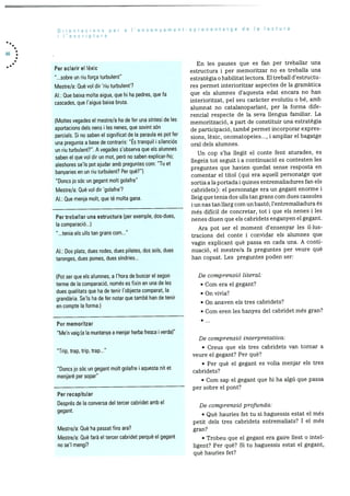 Orieritacions per a l’ensenyament-aprenentatge de Ia Iecttira
i l’escriptura
Per aciarir eI Ièxic
“...sobre un riu forca turbulent”
Mestre/a: Què vol dir ‘riu turbulent’?
Al.: Due baixa molta aigua, que hi ha pedres, que fa
cascades, que l’aigua baixa bruta.
(Moltes vegades el rnestre/a ha de fer una sintesi de les
aportacions dels nens lies nenes, que sovint son
parcials. Si no saben el significat de Ia paraula es pot fer
una pregunta a base de contraris: “Es tranquil i silenciOs
un riu turbulent?”. A vegades s’observa que els alumnes
saben el que vol dir un mot, perO no saben explicar-ho;
aleshores se’ls pot ajudar amb preguntes corn: “Tu et
banyaries en un riu turbulent? Per que?”)
“Doncs jo sOc un gegant molt golafre”
Mestre/a: Due vol dir ‘golafre’?
Al.: Due menja molt, que té molta gana.
Per treballar una estructura (per exemple, dos-dues,
a comparacio...)
“...tenia els ulls tan grans corn...”
Al.: Dos plats, dues rodes, dues pilotes, dos sols, dues
taronges, dues pornes, dues sIndries...
(Pot ser que els alumnes, a l’hora de buscar el segon
terrne de Ia comparaciO, només es fixin en una de es
dues qualitats que ha de tenir I’objecte comparat, Ia
grandaria. Se’ls ha de fer notar que també han de tenir
en compte Ia forma.)
En les pauses que es fan per treballar una
estructura i per mernoritzar no es treballa una
estrategia o habilitat lectora. El treball d’estructu
res permet interioritzar aspectes de la gramàtica
que els alumnes d’aquesta edat encara no han
interioritzat, pel seu caràcter evolutiu o be, amb
alumnat no catalanoparlant, per la forma dife
rencial respecte de la seva llengua familiar. La
mernoritzaciO, a part de constituir una estrategia
de participaciO, tarnbé permet incorporar expres
sions, lèxic, onornatopeies..., i ampliar el bagatge
oral dels alumnes.
Un cop s’ha ilegit el conte fent aturades, es
l1eeix tot seuit i a continuació es contesten les
preguntes que havien quedat sense resposta en
comentar el titol (qui era aquell personatge que
sortia ala portada i quines entremaliadures fan els
cabridets): el personatge era un gegant enorme i
Ileig que tenia dos ulls tan grans corn dues cassoles
i un nas tan llarg corn un basto; l’entremaliadura es
rnés difIcil de concretar, tot i que els nenes i les
nenes diuen que els cabridets enganyen el gegant.
Ara pot ser el moment d’ensenyar les il•lus
tracions del conte i convidar els alumnes que
vagin explicant què passa en cada una. A conti
nuació, el rnestre/a fa preguntes per veure qué
han copsat. Les preguntes poden ser:
De comprensió literal:
• Corn era el gegant?
On vivia?
On anaven els tres cabridets?
• Corn eren les banyes del cabridet rnés gran?
De comprensió interpretativa:
“Trip, trap, trip, trap...”
“Doncs jo soc un gegant molt golafre I aquesta nit et
menjaré per sopar”
Per recapitular
Després de Ia conversa del tercer cabridet amb el
gegant.
Mestre/a: Qué ha passat fins ara?
Mestre/a: Due farà el tercer cabridet perquè el gegant
no se’l mengi?
• Creus que els tres cabridets van tornar a
veure el gegant? Per que?
• Per qué el gegant es volia rnenjar els tres
cabridets?
• Corn sap el gegant que hi ha algü que passa
per sobre el pont?
De comprensió profunda:
• Qué hauries fet tu si haguessis estat el més
petit dels tres cabridets entremaliats? I el més
gran?
• Trobeu que el gegant era gaire liest o intel
ligent? Per que? Si tu haguessis estat el gegant,
què hauries fet?
Per memoritzar
“Me’n vaig (a Ia muntanya a menjar herba fresca i verda)”
•
 