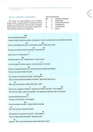 Orientacons per a I’ensenyament-aprenentatge de Ia lectura
i I’escriptura
Els tres cabridets entremaliats
Per donar una visiO global de corn treballar
aquest conte, a continuació se’n transcriu el text
Integre, en el qual s’han rnarcat totes les pauses
fetes durant la lectura i s’ha anotat el tipus d’in
tervenció del rnestre/a en cadascuna.
I, ac
Tipus d’anotacions:
ac —÷ anticipar contingut
I — aclarir lèxic
e — treball d’estructures
r — recapitulaciO
m — rnernorització
/ —* pausa
• 67
Els tres cabridets entremaliats /
Temps era temps hi havia tres cabridets. Eren germans i tothom els anomenava els tres cabridets entremaliats.
ac ac
Un ban dia van decidir anar cap / a a muntanya per menjar / herba fresca i verda.
ac ac
Per pujar a Ia muntanya havien de travessar / un petit pont de I
pedra, sobre un riu força turbulent. /
ac
Sota aquest pont hi vivia / un gegant enorme, i lleig, que tenia
e e
uns ulis tan grans / corn dues cassoles, i un nas tan llarg / corn un bastO.
ac
El primer en travessar el Pont va ser / el més jove dels tres cabridets entremaliats.
Trip, trap, trip, trap, ressonaven es pates.
ac
“Qui travessa el riu per sabre el meu cap”, cridà el gegant. /
“Soc jo, el més jove dels tres cabridets entremaliats”, digué amb Ia seva fina veu.
m
“Me’n vaig / a Ia muntanya a menjar herba fresca i verda.”
ac ac
“Doncs jo sOc un gegant molt golafre / i aquesta nit et menjaré / per sopar”, va dir el gegant. /
“Oh no! No em mengis”, digue el Jove cabridet. “SOc massa petit. Espera que vingui el meu gerrna,
ac
que eli Os malt més gran que jo” /
“D’acard, ja te’n pots anar”, va dir el gegant.
ac
Al cap d’una estona va arribar / el segon cabridet entremaliat.
m
Trip, / trap, trip, trap, ressonaven les potes.
m
“Qui travessa el riu per sobre el meu pont?”, cridà el gegant. /
“SOc ja, ei segon cabridet entremaliat”, digue amb Ia seva
m
mitja veu. / “Men vaig a Ia muntanya per rnenjar herba tresca i verda.”
 
