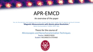 APR-EMCD
An overview of the paper
Rusz, Ján, Shunsuke Muto, Jakob Spiegelberg, Roman Adam, Kazuyoshi Tatsumi, Daniel E. Bürgler, Peter M. Oppeneer, and Claus M. Schneider.
"Magnetic Measurements with Atomic-plane Resolution."
Nature Communications 7 (2016): 12672. Web.
Thesis for the course of
Microscopies and Nanocharacterization Techniques
Teacher: MARCO ROSSI
Student: RICCARDO DI STEFANO
 